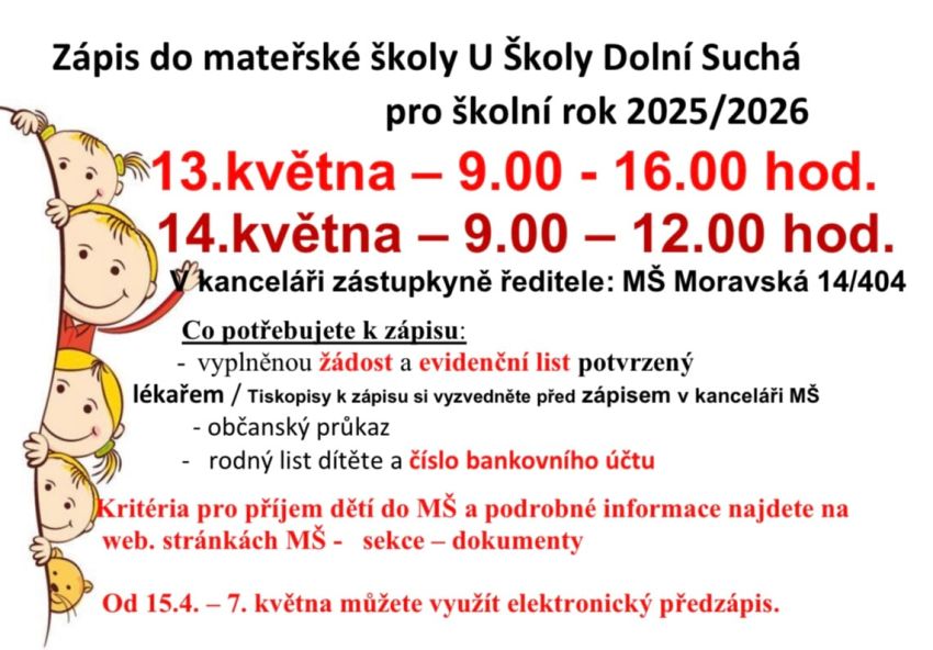 Zápis do MŠ U Školy Dolní Suchá pro školní rok 2025/2026