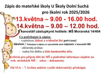 Zápis do MŠ U Školy Dolní Suchá pro školní rok 2025/2026